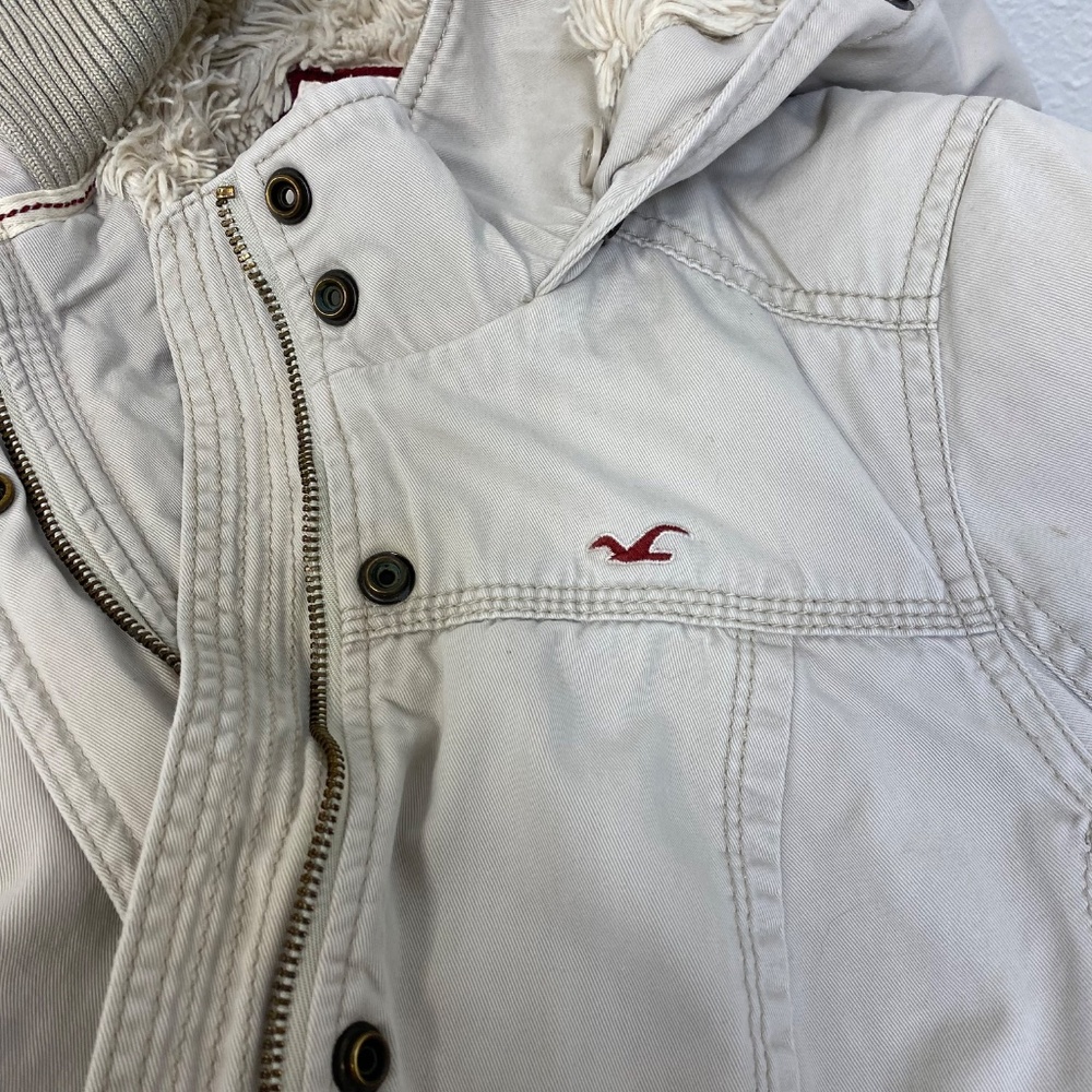 Vintage Y2K Hollister Jacket Women Large Beige Hooded Sherpa Lined - Picture 2 of 8